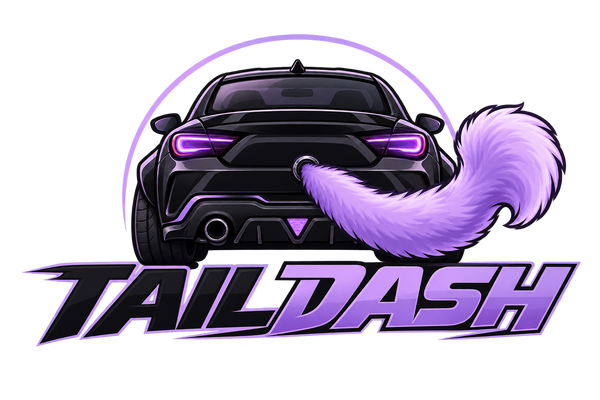 TAILDASH logo with a rear-view black car and purple fluffy tail